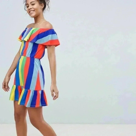 ASOS Rainbow Pride Striped Ruffled Casual Off Shoulder Dress - Picture 2 of 5